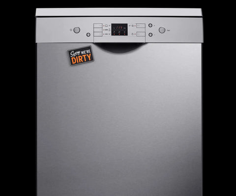 Flipside Dishwasher Sign Double Sided Magnetic Plaque With Self Adhesive Magnet Included Works On All Dishwashers on a silver dishwasher