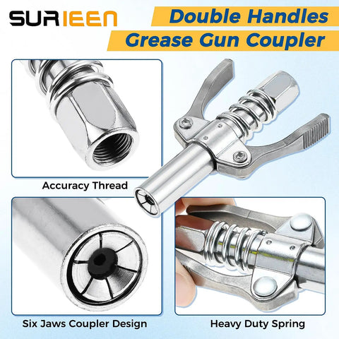 Grease Gun Tips And Couplers Kit With 90 Degree Adapter And 6 Prong Dual Handle Connector, Needle Tip Dispenser. Close-up view.