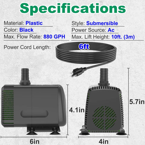Knifel submersible pump, black plastic body, 880 GPH, AC powered, 6 ft cord, front and side views