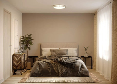 17 Inch LED Flush Mount Ceiling Light In Brushed Nickel, Crazy Bright 2291 Lumens, bedroom setting with modern decor.