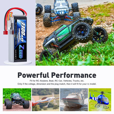 4S 14.8V 3300mAh 100C Soft Pack LiPo Battery With T Plug For RC vehicles illustrated in various use scenarios