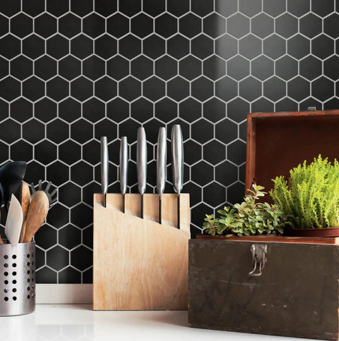 2-Inch Hex Matte Black Porcelain Mosaic Tile For Floors And Walls Mesh Mounted 11.13 x 12.63 Inches kitchen backsplash view