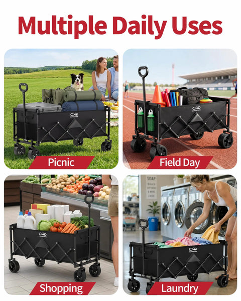 34 Inch Extra Long Foldable Wagon with all terrain wheels used for picnics, field day, shopping, and laundry, showcasing versatility.