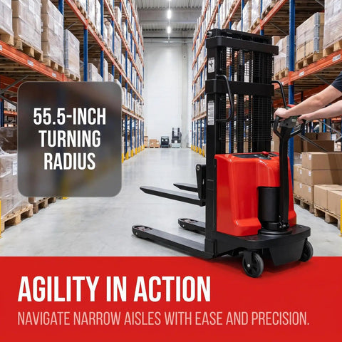 Heavy Duty 3300 Lbs Semi Electric Straddle Pallet Stacker With A Smooth 48V Motor Plus Durable Polyurethane Tires Built Like A Badass Workhorse For Seamless Daily Warehouse Tasks in a warehouse aisle with pallets.