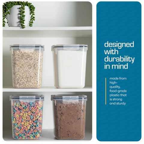 Big Five Point Three Liter Airtight Food Storage Canisters Four Pack with various pantry staples on white shelves