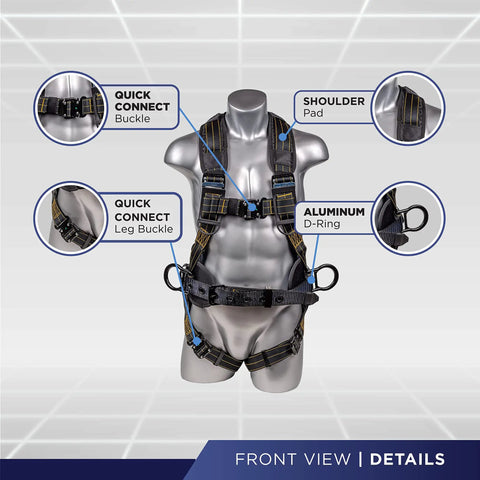 Front view of Built Tough Fall Protection Harness With Five Point System Chest And Leg Straps Aluminum D Rings