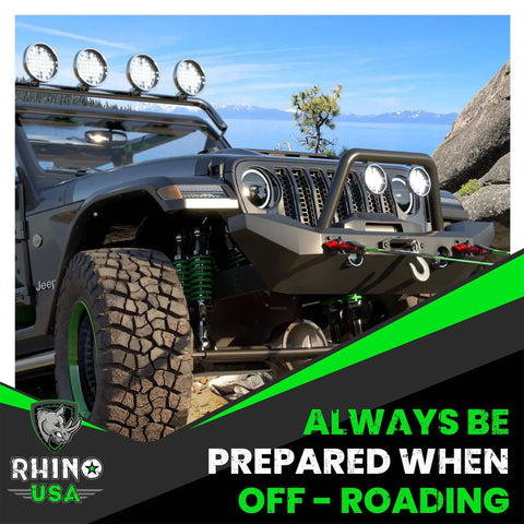 Jeep with aftermarket bumper featuring 2 Pack D Ring Shackles Heavy Duty Three Quarter Inch Clevis Shackle With Seven Eighths Inch Pin 41,850 Lb Break Strength For Towing And Trail Ready Recovery Red Pairs With Tow Strap For Vehicle Recovery And Aftermarket Bumpers on rugged terrain