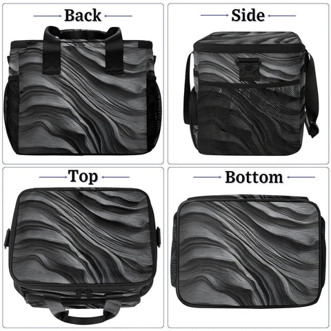 Views of Grey Textured Insulated Picnic Backpack For Women And Men, Lunch On The Go Portable Lunch Bag, back, side, top, and bottom