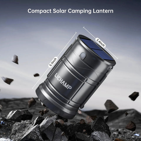 Close-up of a solar camping lantern showing dimensions, 5.1 inches tall, 3.4 inches wide. Four Pack Solar Camping Lanterns USB Rechargeable LED Lanterns Portable Battery Powered Lights With Three Modes For Power Outages Emergency Prep Indoor And Outdoor Use.