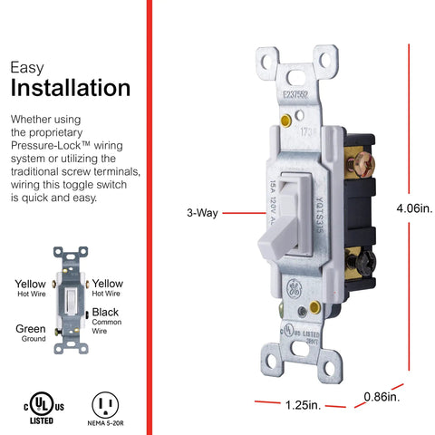 Three-Way Grounding Toggle Switch In-Wall On And Off For Fans And Lights, 15 Amp, UL Listed, White, DIY No-Brainer Replacement