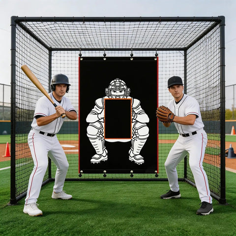 Heavy Duty Weatherproof Baseball Backstop For Batting Cages High Visibility Target Square with players in batting stance