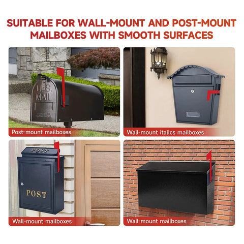 Multi Directional Mailbox Flag Kit For Wall And Post Mounts in use on various heavy duty metal mailboxes outdoors.