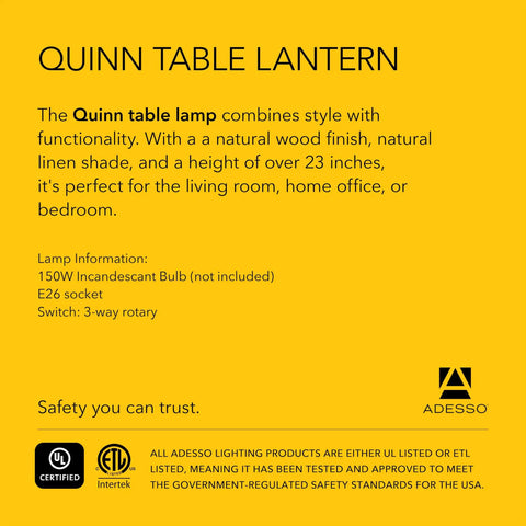 Quinn Table Lamp With Walnut Birch Wood Base And Natural Linen Shade, description text on yellow background