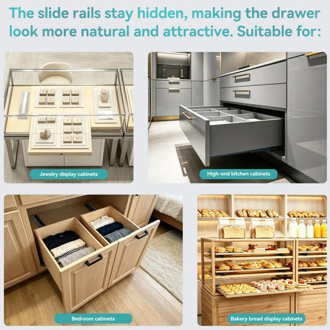 Heavy Duty 10 Inch Bottom Mount Soft Close Drawer Slides Kick Up Your Cabinets With Rock Solid Support And An Effortless 88 Pound Load Rating For Quick Home Refreshes And Zero Drama Diy Projects in jewelry display and bakery cabinets.