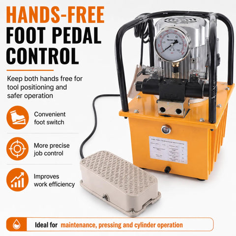 Heavy Duty 750W Electric Hydraulic Pump With Double Acting Design And Pedal Switch Cranking 10000PSI And Dead Accurate Pressure Gauge for hands-free operation.