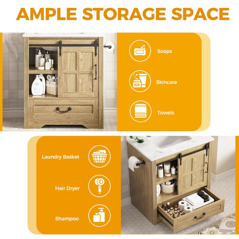 Slick 30 Inch Bathroom Vanity With Integrated Sink And Smooth Sliding Barn Door Modern Farmhouse Bathroom Cabinet showcasing storage spaces for toiletries.