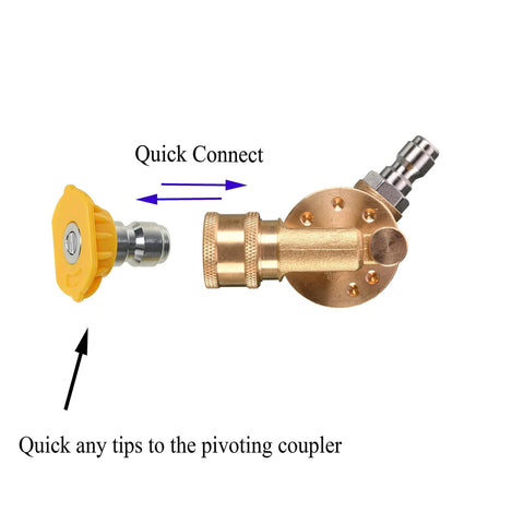 Brass pivoting pressure washer quick-disconnect coupler 1/4 in with yellow knob, side view