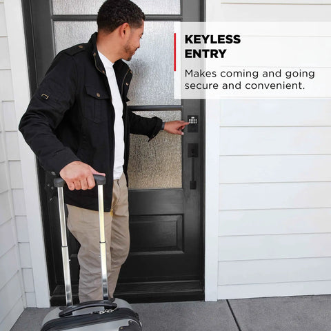Slick Matte Black Electronic Deadbolt Door Lock With 10 Button Keypad For Zero Fuss Keyless Entry and Hella Secure Auto Locking close-up.