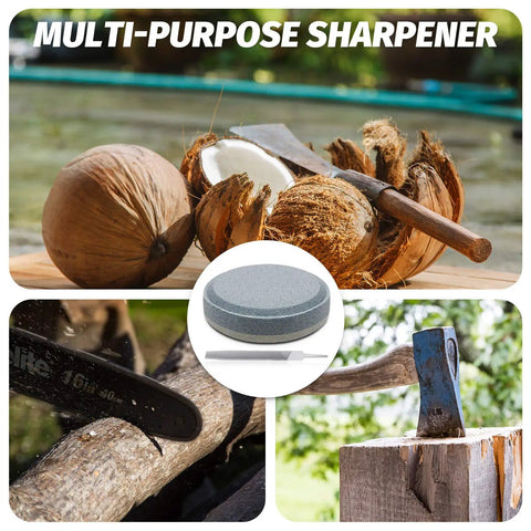 Collage showing the Axe File Sharpener Set Pro Grade With 120 And 240 Grit Whetstone and 7 Inch Rectangular Axe File in use