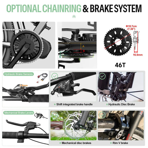 CAN Bus Programmable Mid Drive Ebike Motor Kit 1000W 48V/52V with optional chainring and brake system details.