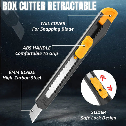 4 Pack Retractable Utility Knife with 9mm Snap Off Blades, close-up of black and yellow box cutter showing details.
