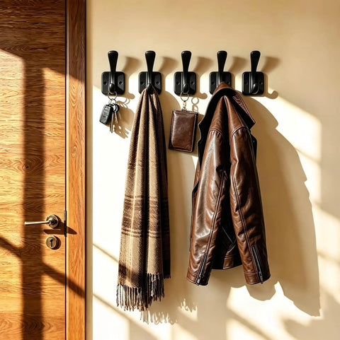 Top Shelf Matte Black Wall Coat Hooks Four Pack holding keys, scarf, and leather jacket on a wall, heavy duty for entryway.