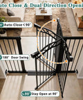 Ultra Wide Baby Gate With Door, Fits 65.4 To 68.1 Inches, 30 Inch Tall, Pressure Mounted No Drill, Indoor Tension Metal Safety Gate For Stairs, Kids And Pets, Black, Easy Auto Close Walk Through Gate, showing dual-direction opening in living room space.