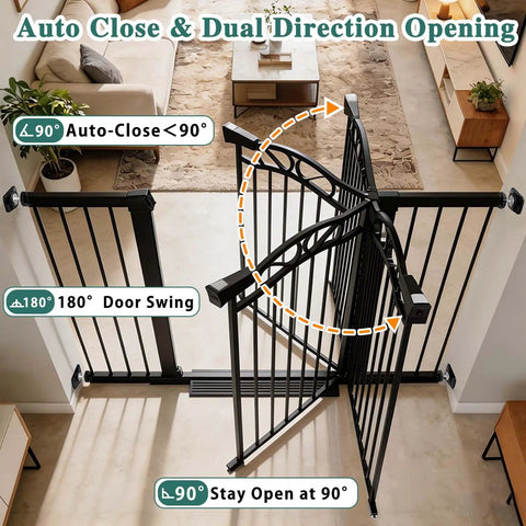 Ultra Wide Baby Gate With Door, Fits 65.4 To 68.1 Inches, 30 Inch Tall, Pressure Mounted No Drill, Indoor Tension Metal Safety Gate For Stairs, Kids And Pets, Black, Easy Auto Close Walk Through Gate, showing dual-direction opening in living room space.