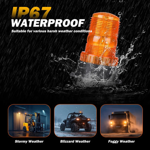 Badass Heavy Duty Amber Emergency Hazard Warning Beacon Rooftop Strobe Light Featuring Thirty Bright LEDs with IP67 waterproofing in heavy rain.