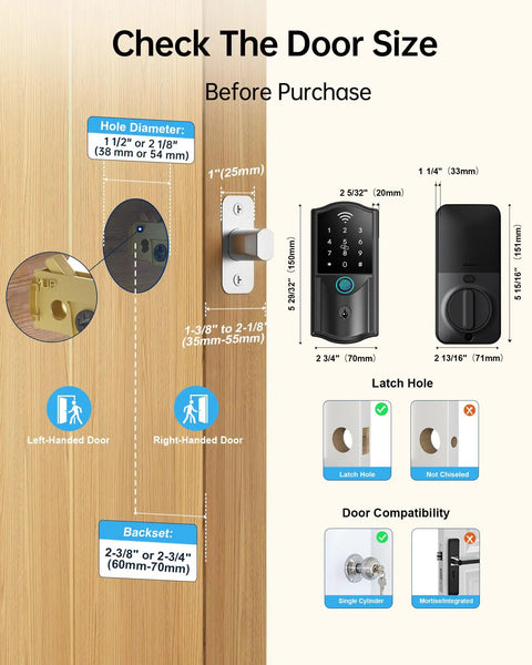 Hassle Free Smart Lock For Front Door With Built In Wifi And Fingerprint Keypad Deadbolt size guide diagram for door installation