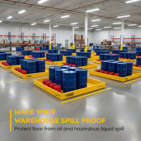 Foam Wall Spill Containment Berm, 4x6 Ft, 26 Oz PVC-Coated Fabric, Yellow, shown in warehouse with blue and red containers