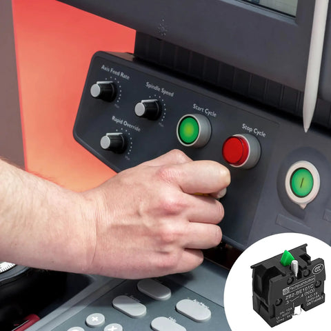 Person operating industrial control panel with rugged heavy duty momentary push button switch with NO NC contacts, 10A 600V.