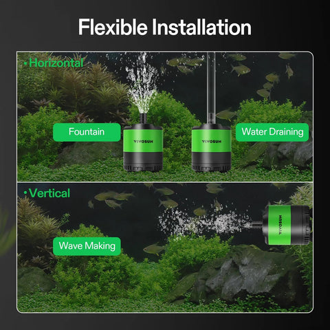 VIVOSUN 660 GPH submersible water pump, green/black; shown in horizontal and vertical install for aquariums/fountains