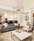 Living room with modern decor featuring Dope Gold Drum Chandelier Three Light Pendant Ceiling Light For Kitchen Island Dining Room Living Room And Entryway Modern Gold Hanging Fixture With Elegant Drum Shade