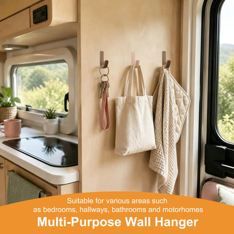 No Sweat Self Adhesive Wood Hooks, 6 Piece Set With Real Beech And Walnut Grain, hanging keys and bags in a camper kitchen.