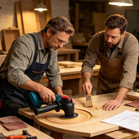 Two men using Cordless Battery Angle Grinder With Variable Speed And Low Vibration Ergonomic Handle for wood finishing.