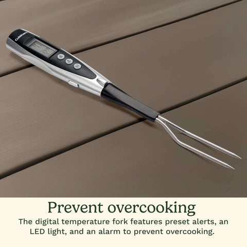 Cuisinart digital meat thermometer fork with stainless steel tines and black handle.