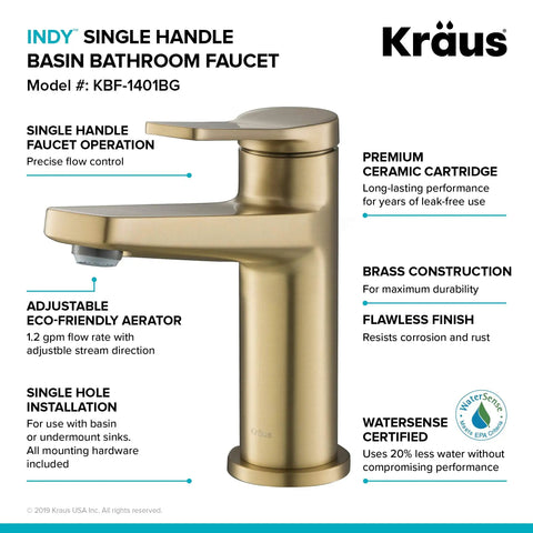 Diagram of Indy Single Handle Basin Bathroom Faucet With Pop Up Drain And Overflow In Brushed Gold Solid Brass Construction