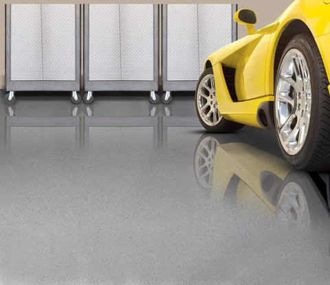 High Gloss Clear Garage Floor Coating Kit Two Part Epoxy Concrete Sealer With Low Voc And Low Odor Formula on shiny gray floor.