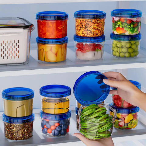 Person holding a 16 oz freezer storage container with twist top lid from Sixteen Ounce Freezer Storage Containers Set With Twist Top Lids Round Plastic Food Storage Jars Reusable Microwave And Dishwasher Safe For Leftovers Soups Oats Snacks And Meal Prep, filled with sliced cucumbers.