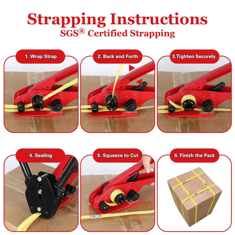 Strapping instructions showing Badass Heavy Duty Poly Strapping Banding Kit With Ratchet Tensioner Hand Sealer Steel Seals and 2600 Foot Polypropylene Roll.