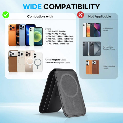 Genuine Leather Magnetic Wallet for MagSafe with Stand, 6 Card Slots, RFID Blocking shown with compatible iPhone series.