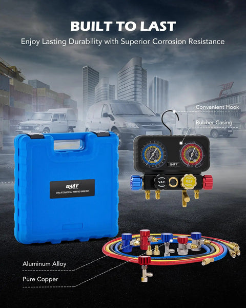 4 Way Automotive AC Manifold Gauge Set With Hoses, Quick Couplers, Self Sealing Can Taps, blue case, and rubber casing