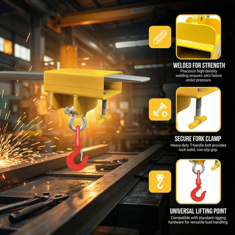 Heavy Duty Forklift Lifting Hook Attachment With 5500 Lbs Capacity, showcasing rugged steel hook and secure fork clamp.