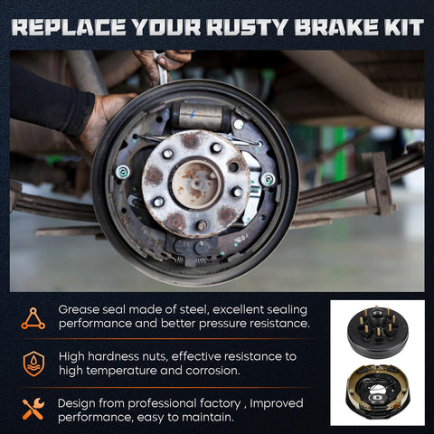 Installed rusty trailer drum brake assembly with backing plate, springs and hub on axle.