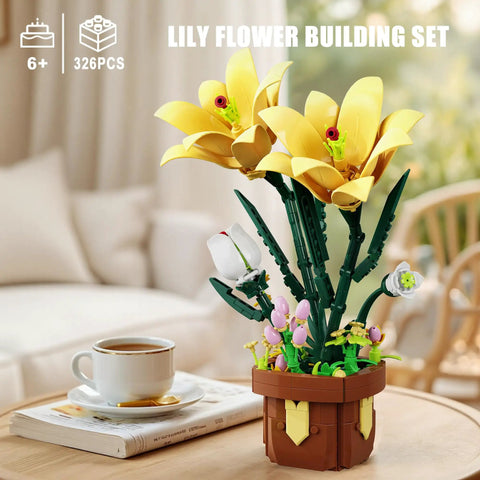 DIY Lily Bonsai Building Set For Adults, Maintenance Free Indoor Plant Decor, 296 Piece Flower Building Blocks Kit For Home Office, Living Room, Gift For Moms, Women, And Girls On Birthdays Or Mother's Day. Yellow lily block flowers in a brown pot on a table.