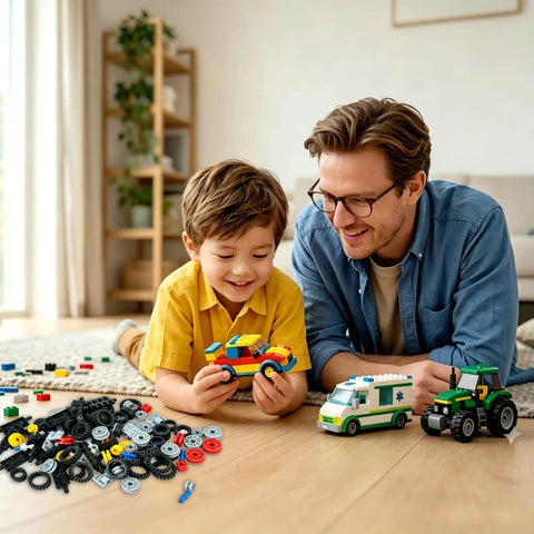 Father and son building with 118 Piece Wheels And Axle Set For Building Blocks with cars and parts on floor.