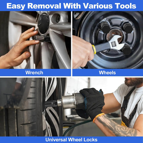 Using Spline Lug Nut Socket Set Eight Piece With Locking Lug Nut Removal Kit for wheel lock removal on car, hand with wrench