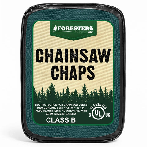 Label of Apron Style Chainsaw Chaps for Men and Women with Pocket and Adjustable Waist Forest Green 37 Inch Pro Grade Chainsaw Safety Gear
