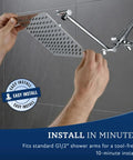 Installation of All Metal 8 Inch Dual Square Rain Shower Head With Handheld Spray, Chrome Finish, showing adjustable arm.